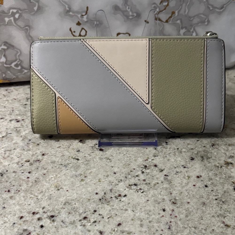 Tory Burch Colorblock Zip Wallet in Sage, Gray & Cream - Picture 3 of 5